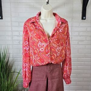 Vintage Vogue Paisley Pink Chiffon Long Sleeve Button Up Blouse Size Medium